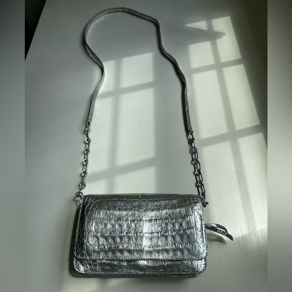 Nancy Gonzalez Silver Croc-Embossed Mini Shoulder Bag
